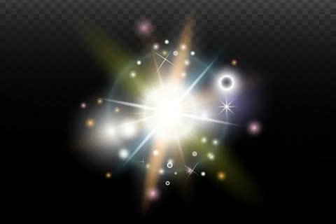 Light flash effect with flares and glow on a transparent background. Magical  Stock Illustration