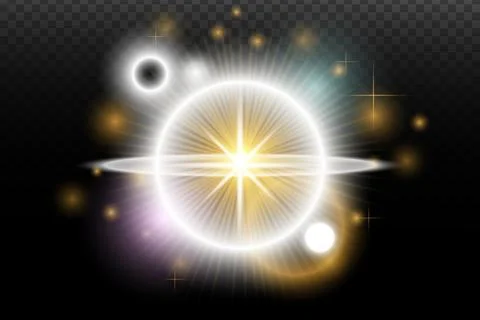 Light flash effect with flares and glow on a transparent background. Magical  Illustrazione stock