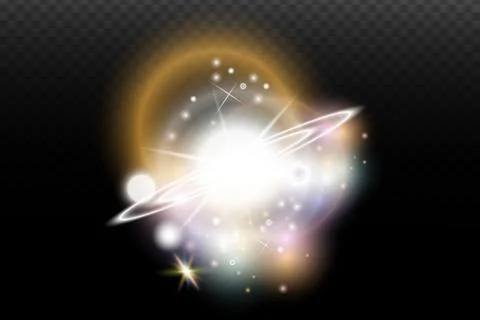 Light flash effect with flares and glow on a transparent background. Magical  Stock Illustration