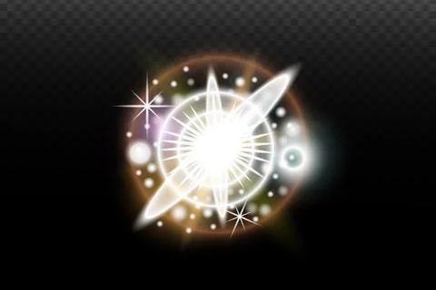Light flash effect with flares and glow on a transparent background. Magical  Stock Illustration