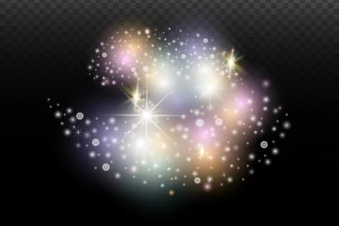 Light flash effect with flares and glow on a transparent background. Magical  Illustrazione stock