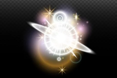 Light flash effect with flares and glow on a transparent background. Magical  Stock Illustration