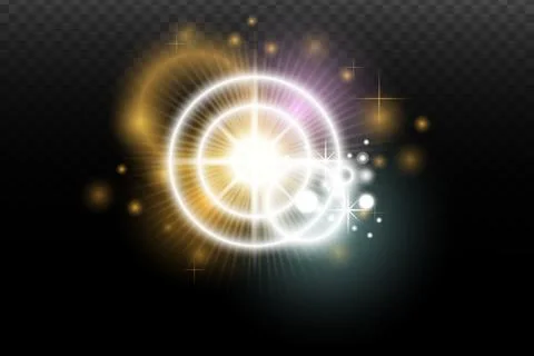 Light flash effect with flares and glow on a transparent background. Magical  Illustrazione stock