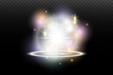 Light flash effect with flares and glow on a transparent background. Magical  Stock Illustration