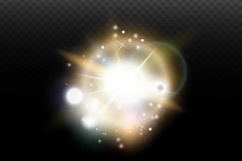 Light flash effect with flares and glow on a transparent background. Magical  Stock Illustration