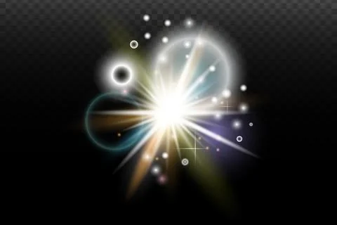 Light flash effect with flares and glow on a transparent background. Magical  Stock Illustration