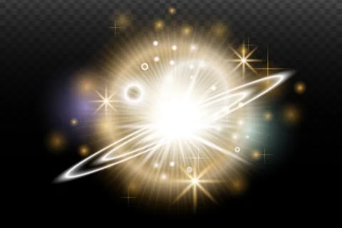Light flash effect with flares and glow on a transparent background. Magical  Illustrazione stock