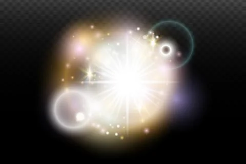 Light flash effect with flares and glow on a transparent background. Magical  Stock Illustration