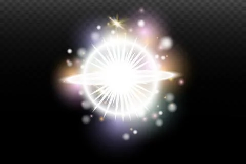 Light flash effect with flares and glow on a transparent background. Magical  Illustrazione stock