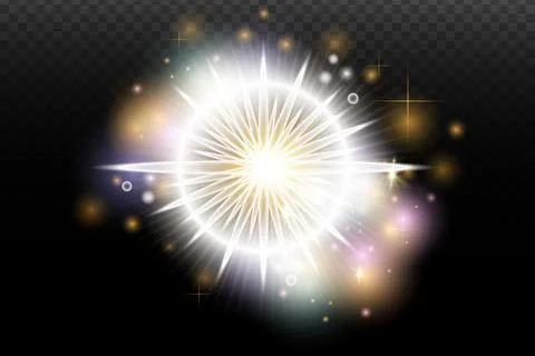 Light flash effect with flares and glow on a transparent background. Magical  Illustrazione stock