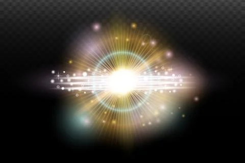 Light flash effect with flares and glow on a transparent background. Magical  Stock Illustration