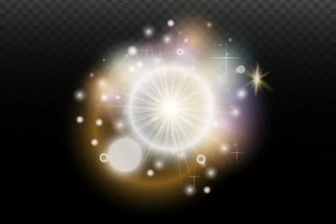 Light flash effect with flares and glow on a transparent background. Magical  Stock Illustration