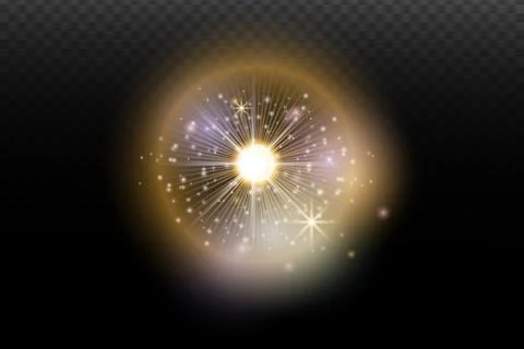 Light flash effect with flares and glow on a transparent background. Magical  Stock Illustration