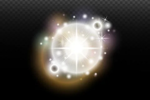 Light flash effect with flares and glow on a transparent background. Magical  Stock Illustration