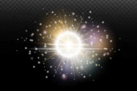 Light flash effect with flares and glow on a transparent background. Magical  Illustrazione stock