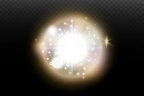 Light flash effect with flares and glow on a transparent background. Magical  Illustrazione stock