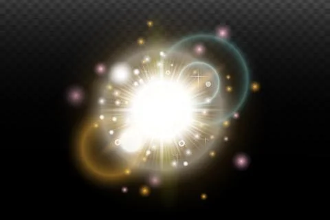 Light flash effect with flares and glow on a transparent background. Magical  Stock Illustration