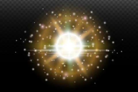 Light flash effect with flares and glow on a transparent background. Magical  Illustrazione stock