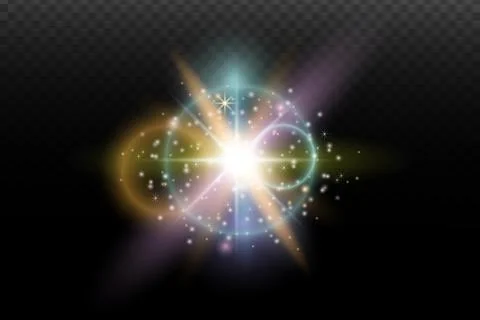 Light flash effect with flares and glow on a transparent background. Magical  스톡 일러스트