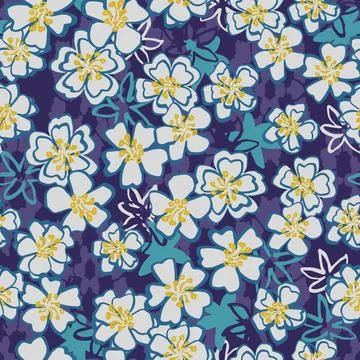 Light flowers seamless vector pattern on blue Stock Illustration