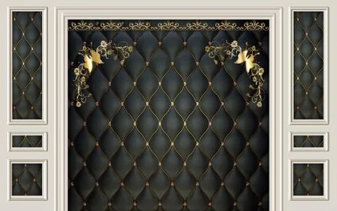 Light frame panel, black upholstery with gold threads, gold ornamental flowers Stock Illustration