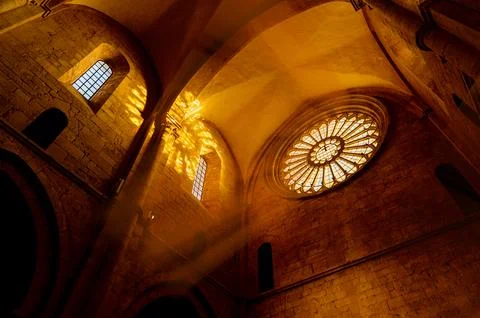 Light games in ancient stone vaults Stock Photos