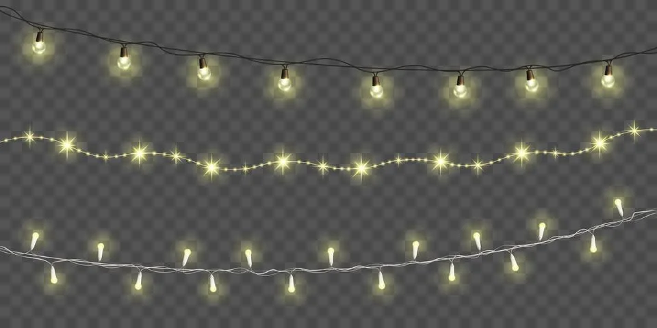 Light, glowing bulbs, vector isolated garland strings set Stock Illustration