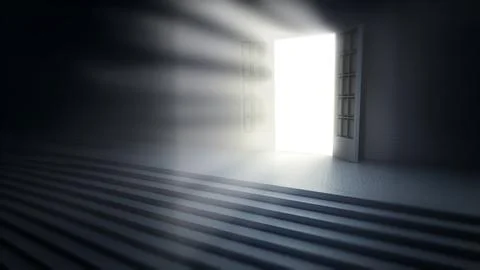 Light glowing from the open door at the dark. 3D illustration Stock Illustration
