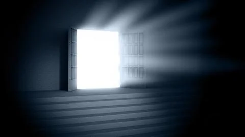 Light glowing from the open door at the dark. 3D illustration Stock Illustration