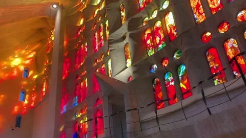 Light glowing through the La Sagrada Familia stained glass, Barcelona Stock Footage 204150838