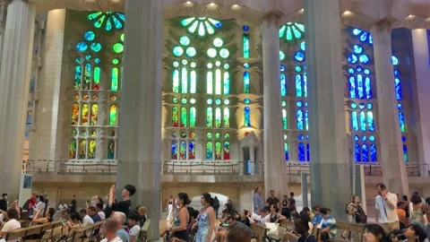 Light glowing through the La Sagrada Familia stained glass, Barcelona Stock Footage 204150863