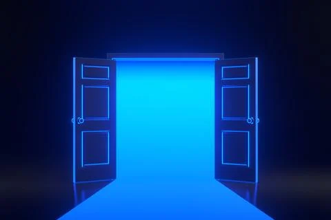 Light going through the opening door with bright glowing futuristic neon lights Stock Illustration