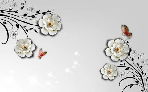 Light gray background, large white gilded flowers, two butterflies Stock Illustration