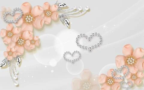 Light gray background, transparent crystals, pink ceramic flowers Stock Illustration