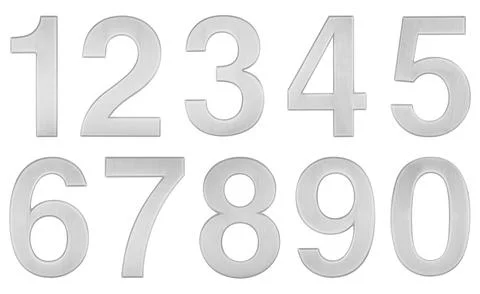 Light Gray metallic numbers set 0 to 9 isolated on white background clip art Stock Photos