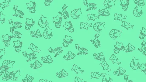 Light green background with illustrated bears tigers fish and shrimp. Stock Footage 318996823