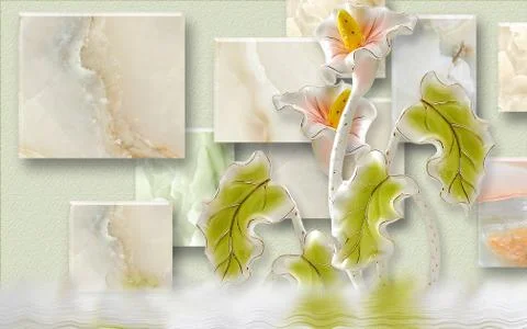 Light green background, marble rectangles, abstract flowers with green leaves Stock Illustration