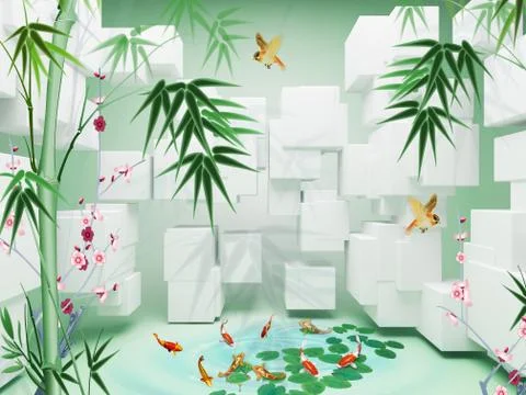 Light green background, white cubes, bamboo, red flowers, two birds and goldfish Stock Illustration