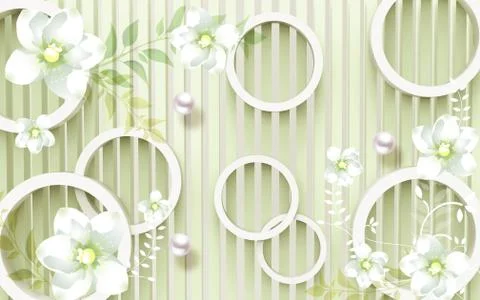 Light green background, white rings, pearls, abstract white flowers Stock Illustration