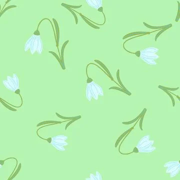 Light green colored random harebell flowers shapes. Seamless pattern in doodl 스톡 일러스트