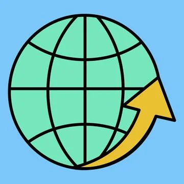 Light green globe with bold black grid lines. Yellow arrow curves around, p.. Stock Illustration