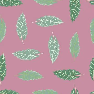 Light green hand drawn doodle leaves seamless pattern. Lilac background. Natu Stock Illustration