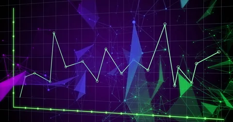 Light-green line graph moving across dark purple grid, showing neon triangular Stock Footage 307464555