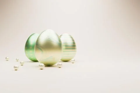 Light green metallic Easter eggs on beige background. Illustrazione stock