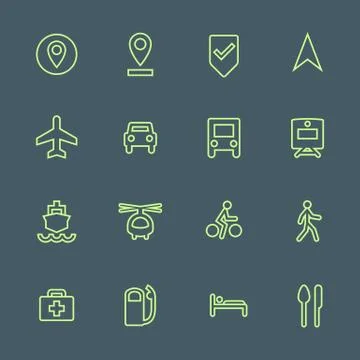 Light green outline various map navigation icons set. Stock Illustration
