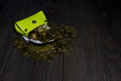 Light green pocket has gold coin gush on wood Stock Photos
