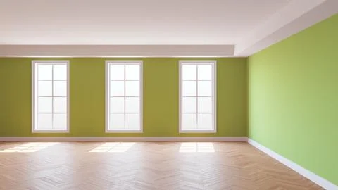 Light Green Room with a White Ceiling and Cornice, Glossy Herringbone Parquet Stock Illustration