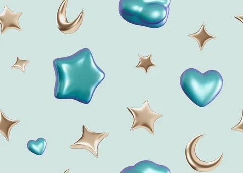 Light green seamless pattern with stars, moons, hearts. Applicable for fabric 스톡 일러스트