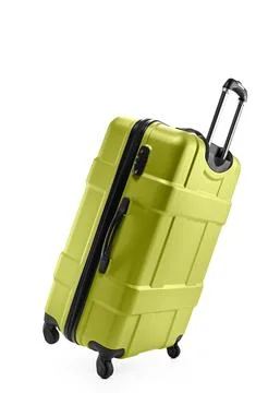 Light green suitcase plastic on two wheels Foto stock