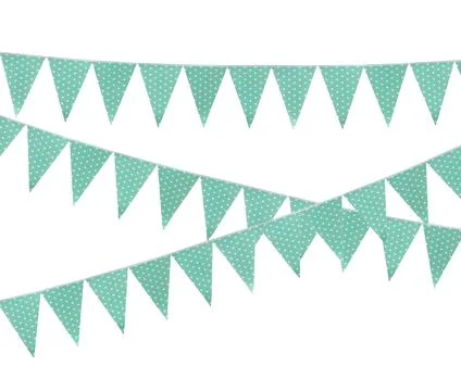 Light green triangular bunting flags on white background. Festive decor 库存照片